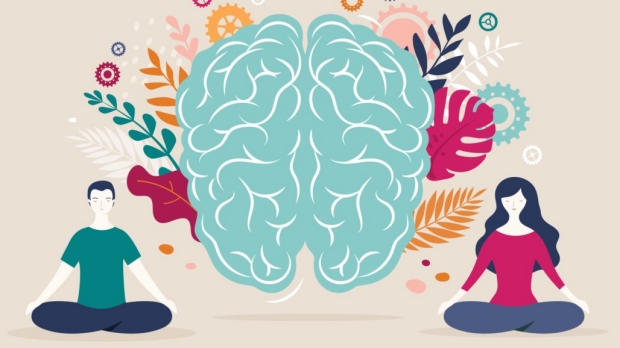 Illustration of Brain and Two People Meditating